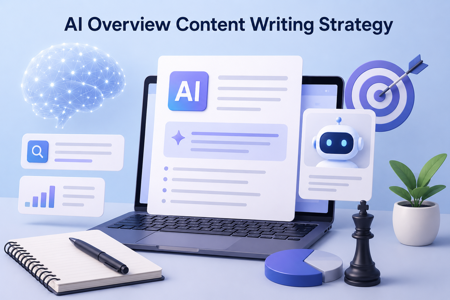 Modern AI content strategy illustration featuring a laptop with floating digital content panels, AI assistant interface, analytics charts, search elements, and a target icon in a clean blue-toned workspace.